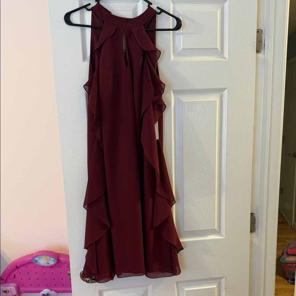 Christina Wu Burgundy Ruffle Midi Dress